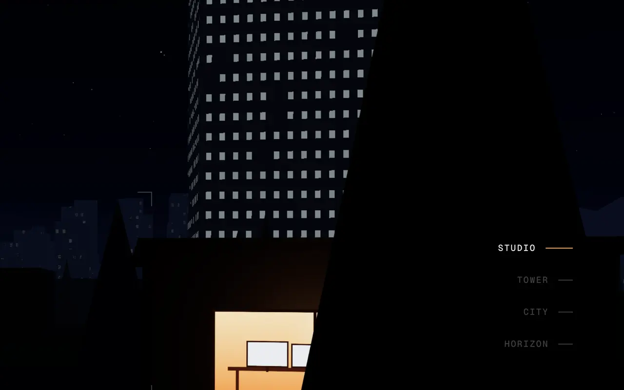 Gece bir şehir kulesi ve şafaktan önce ışığı yanan tek pencere: stüdyo.